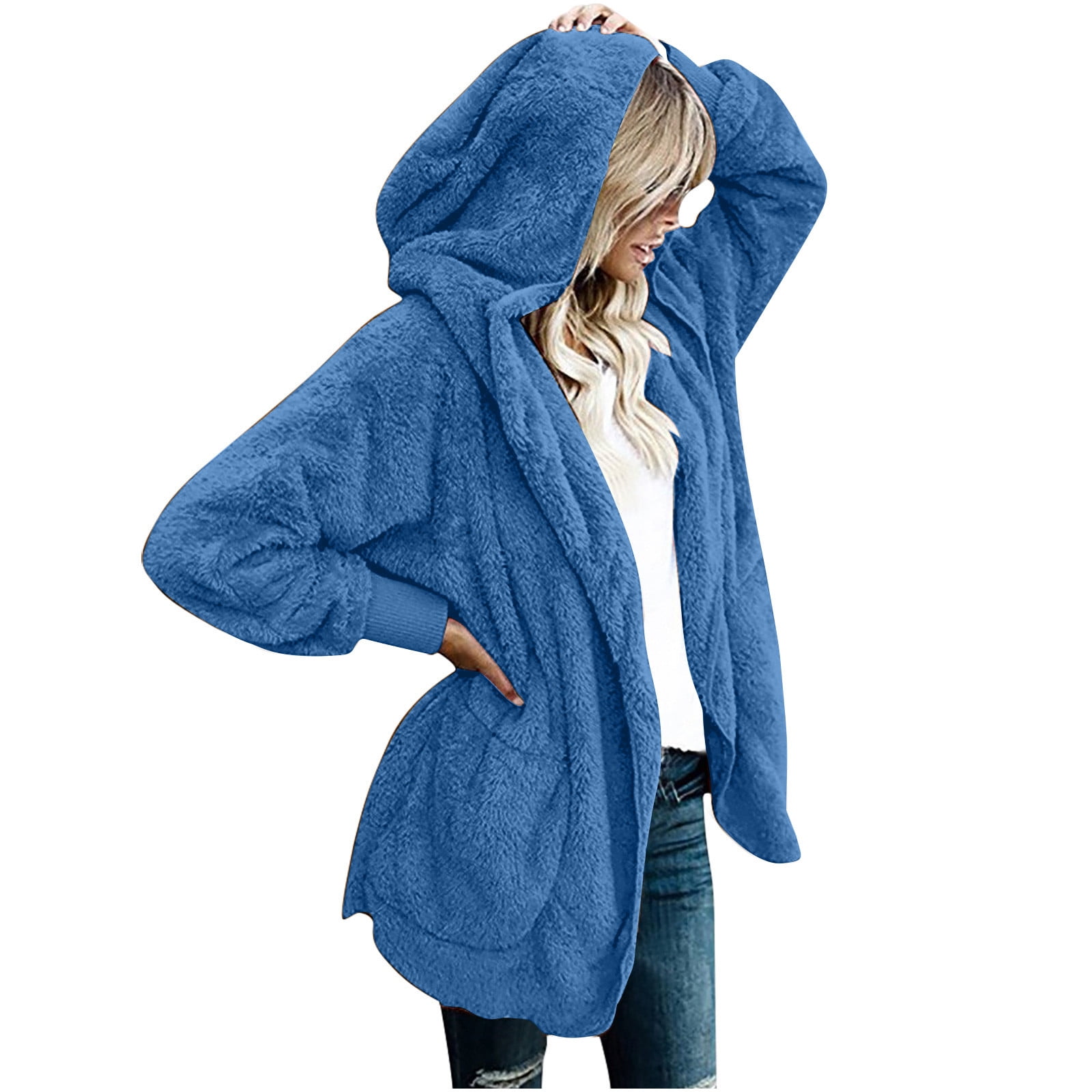 Winter Coats for Women Plus Size S-5X Fleece Long Sleeve Jackets with Hood and Pockets Ladies Casual Solid Warm Open Front Outerwear Coat