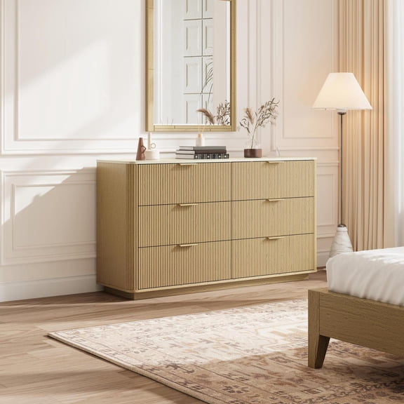 Fluted 6 Drawers Dresser, 55" Wide Modern Closet Drawers with Metal Handle, Curved Profile Design, Faux Marble Top, Dresser TV Stand for Bedroom, Living Room, Hallway(Wood Color)