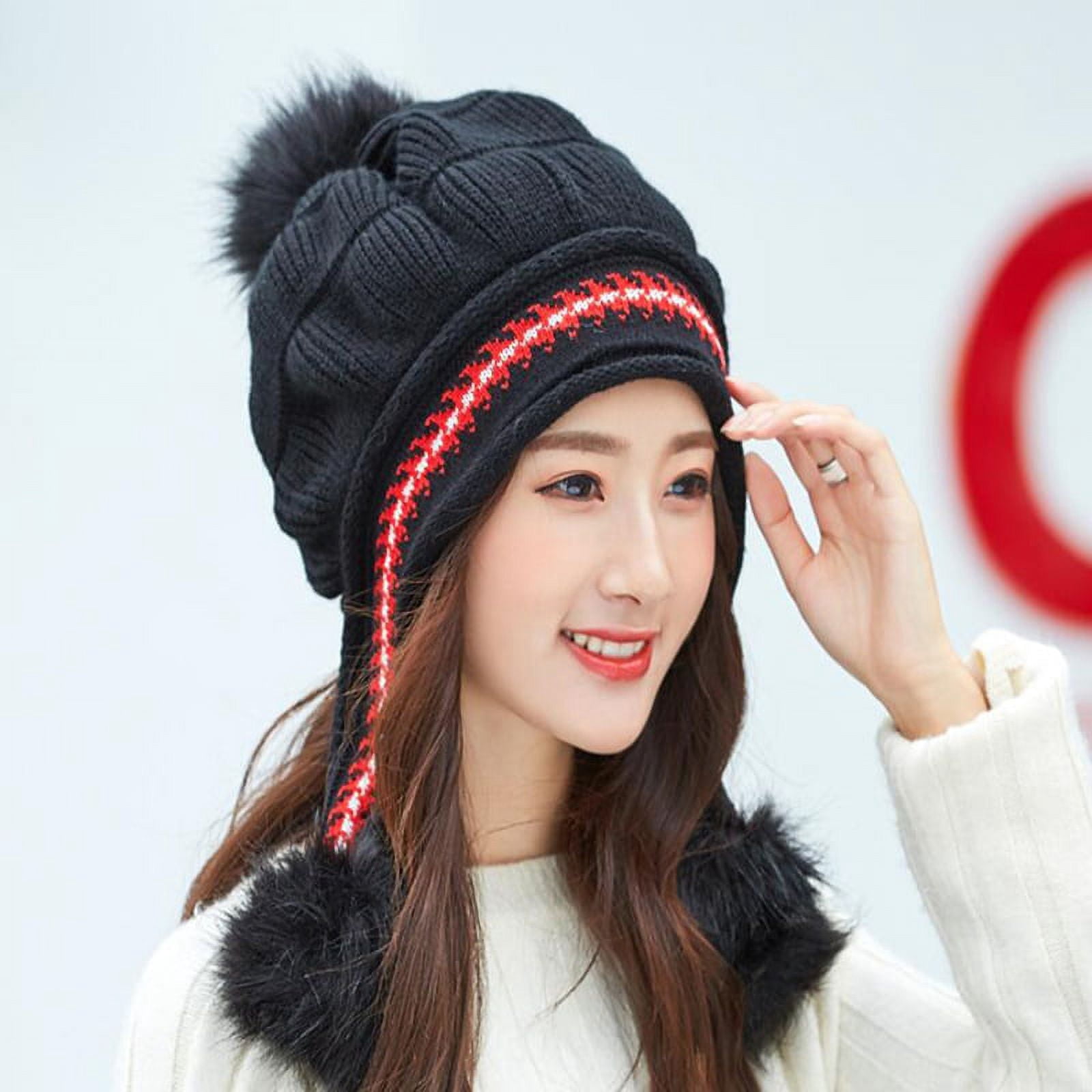 Winter Hat Gloves Set for Women Girls Warm Beanies Pompoms Winter Snow Ski Hats Knitted Caps and Gloves