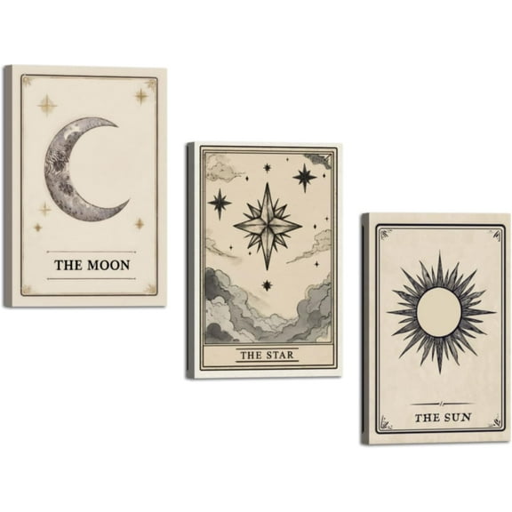 Hieng 3 Pieces Sun and Moon Stars Wall Art Tarot Canvas Prints Celestial Pictures Mystic Themed Paintings Boho Artwork for Office Bedroom Decor Unframed