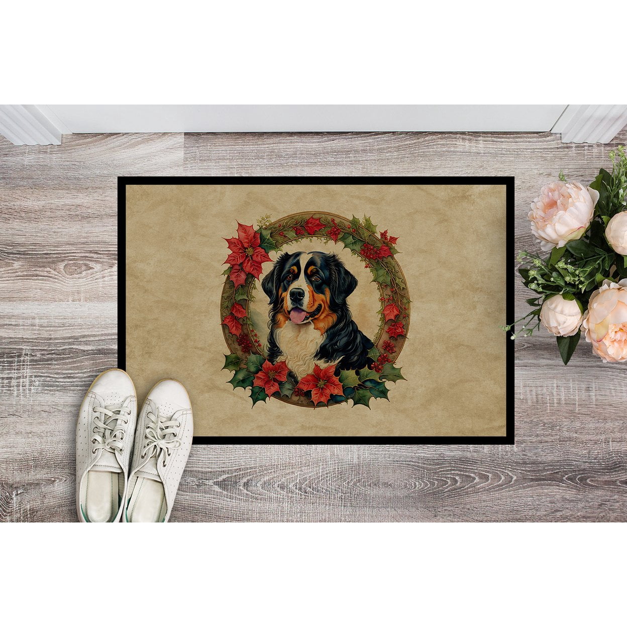 Carolines Treasures DAC2319MAT 18 x 27 in. Unisex Bernese Mountain Dog Christmas Flowers Doormat