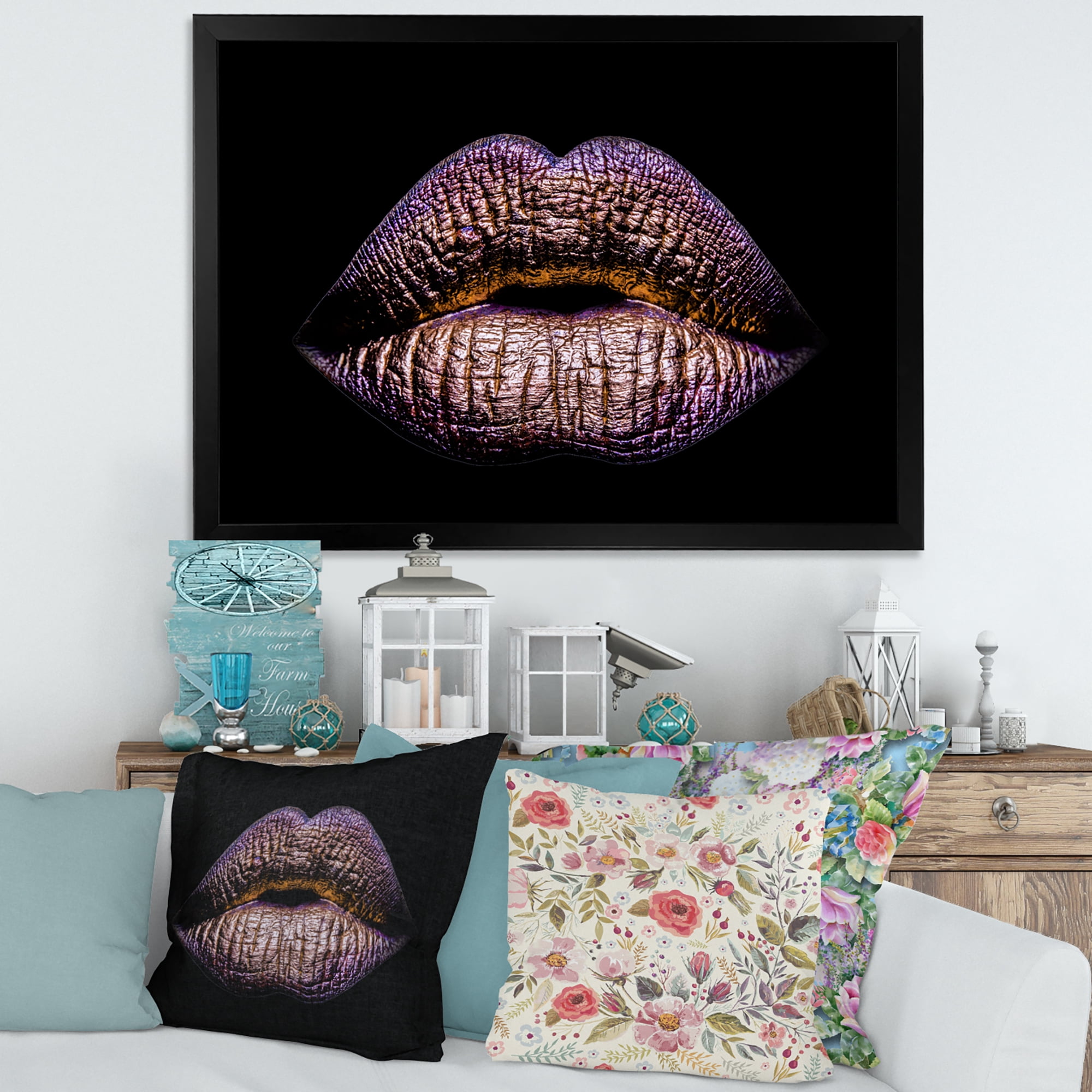 Designart 'Sexy Golden Metallized Woman Lips V' Modern Framed Art Print