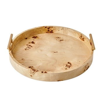 Beautiful Round Burlwood Tabletop Tray with Gold Handles by Drew Barrymore 1.75" X 15.75"