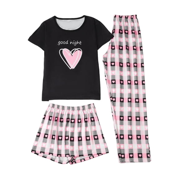 DHFJKG Pajamas For Women Set 3 Piece Sleepwear Heart Print Short Sleeve Top With Shorts And Pants Loungewear Comfy Nightwear Leisure Home Clothes