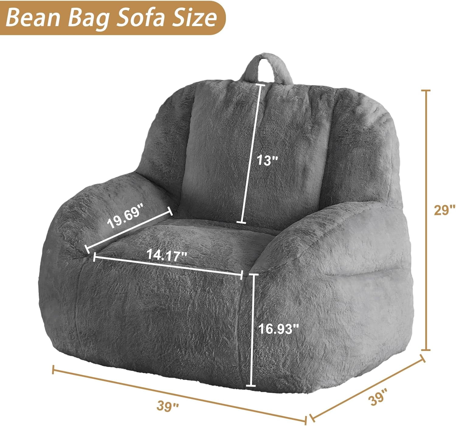 Oversized Faux Fur Bean Bag Chair - Stuffed Floor Couch with Carry Handle for Adults, Black