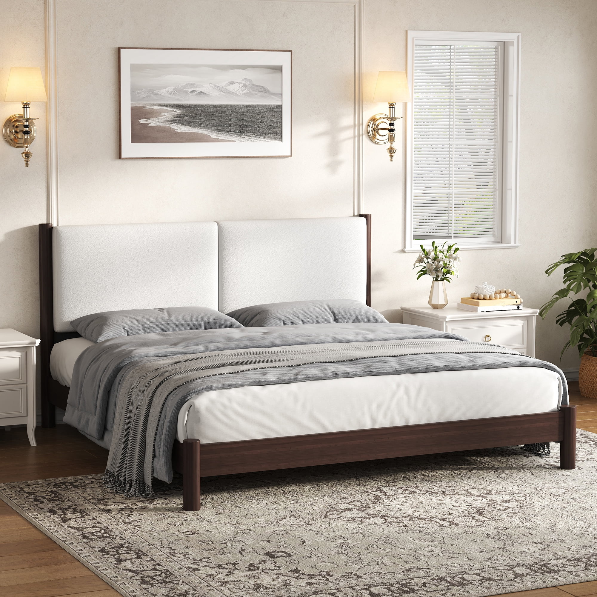 Euroco Wood King Size Platform Bed with PU Leather Headboard, No Box Spring Needed, Espresso