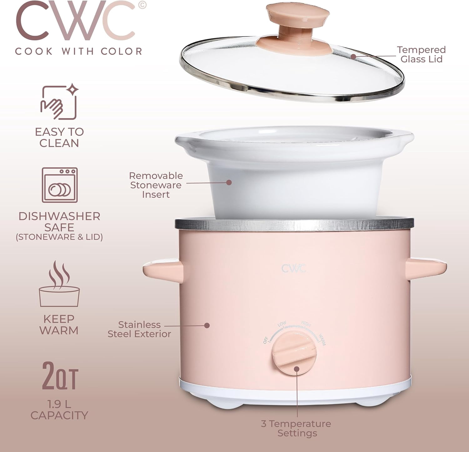 COOK WITH COLOR Slow Cooker, Crock Pot, 2-Quart Removable Stoneware Mini Crock Pot, Dusty Rose