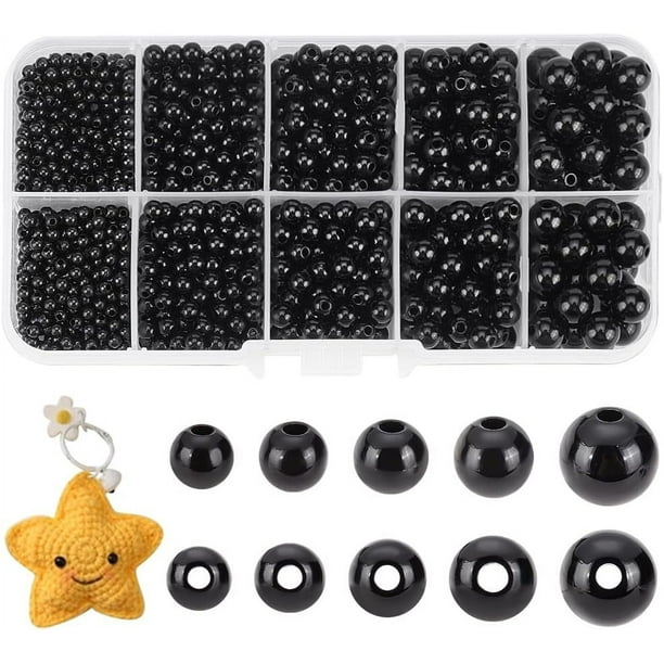 1380 piezas de cuentas de plástico para manualidades, 5 tamaños, ojos redondos negros para hacer pulseras, bisutería y amigurumi (ganchillo).