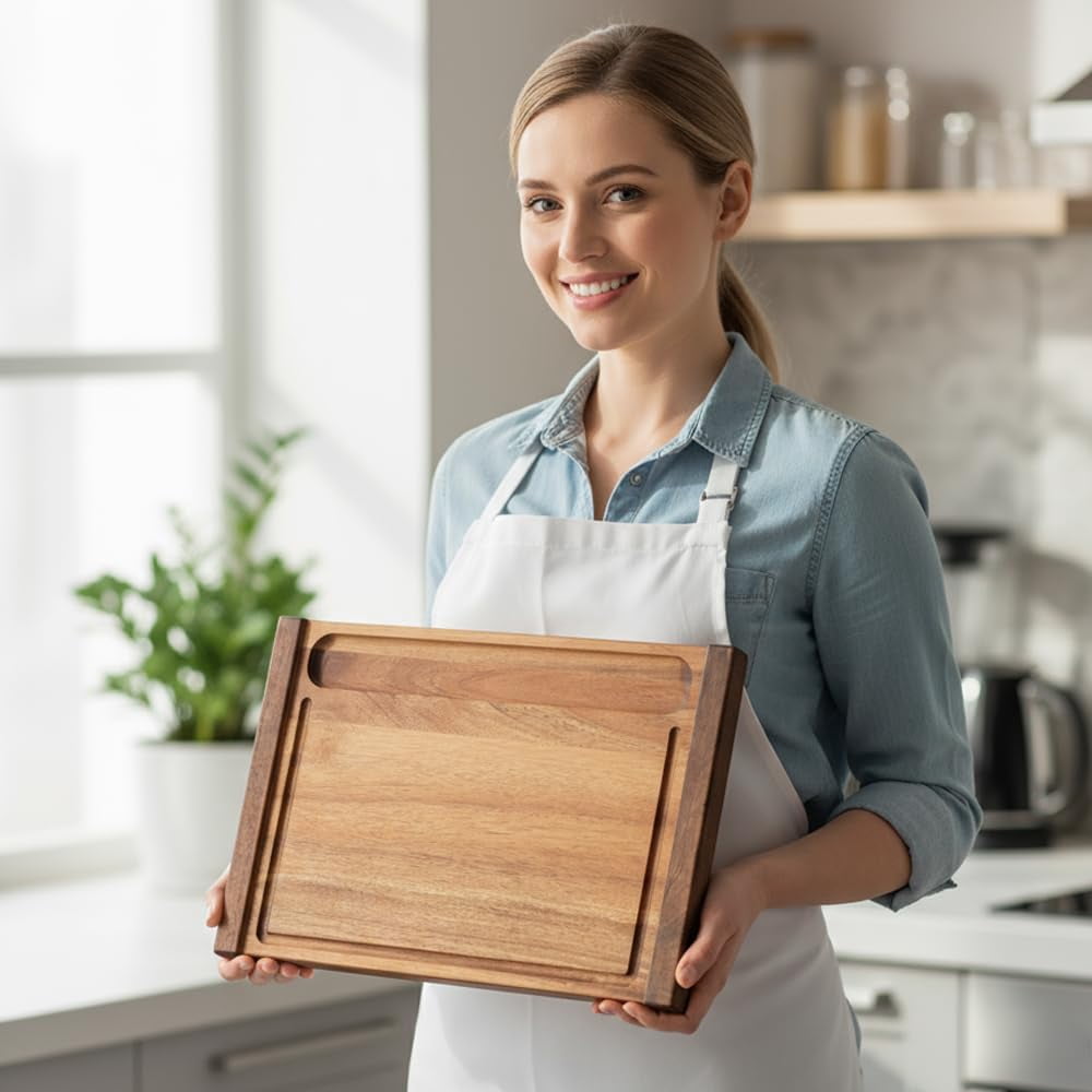 XILAZAB Acacia Wood Cutting & Charcuterie Board​ with Sapele Handles, Dual-Sided, Deep Recessed Well and Juice Grooves, 16.9 x 11.8 x 1.8 Inches, Kitchen Gift