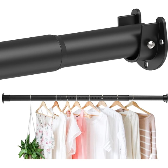 Closet Rods for Hanging Clothes, 1.3 Inch Diameter Heavy Duty Closet Rod 17-64 Inches Adjustable Clothes Hanging Rod Matte Black Closet Poles for Wardrobes, Bathroom, Windows