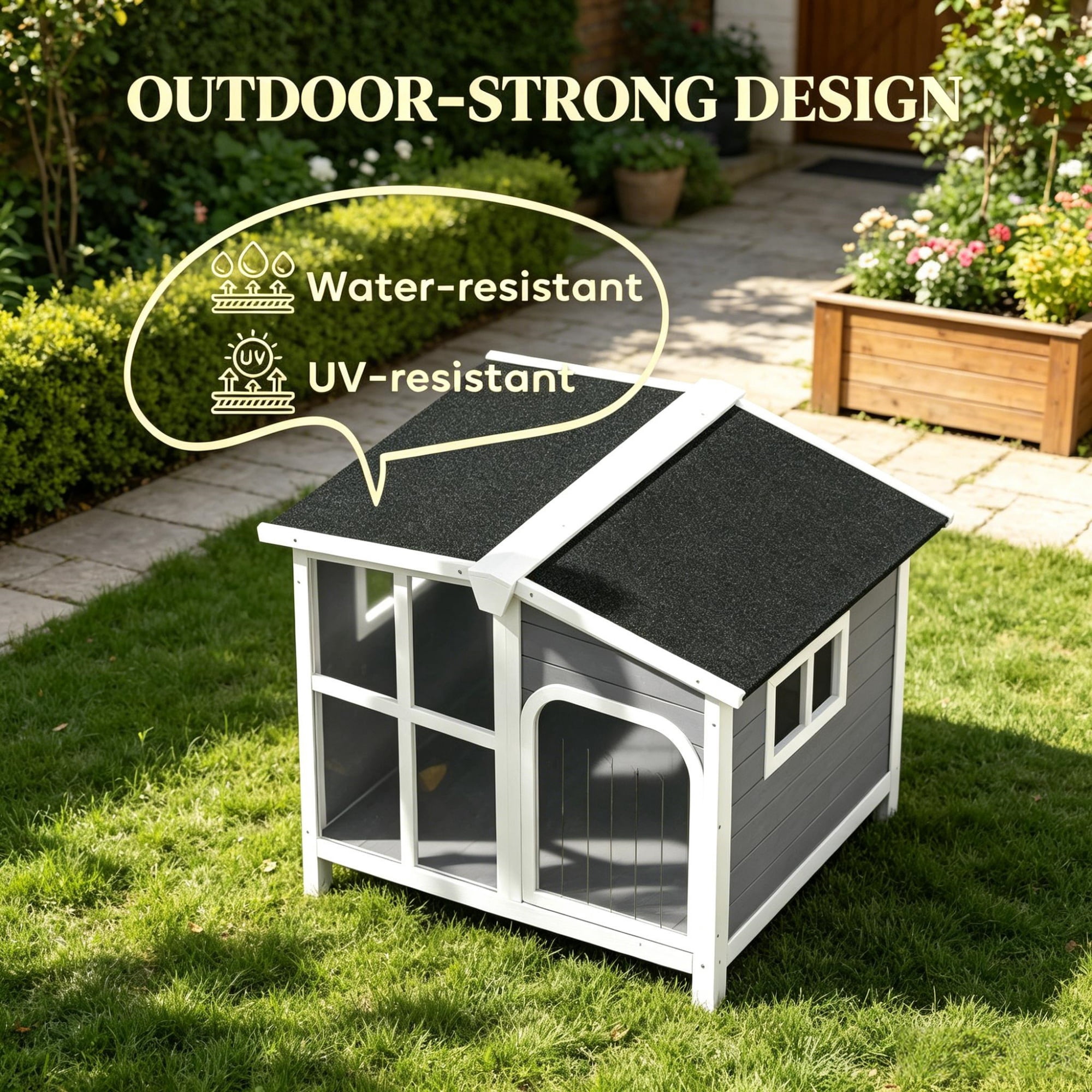 Large Dog House Cabin-Style Wooden Pet Shelter with Openable Roof And Giant Window, Gray