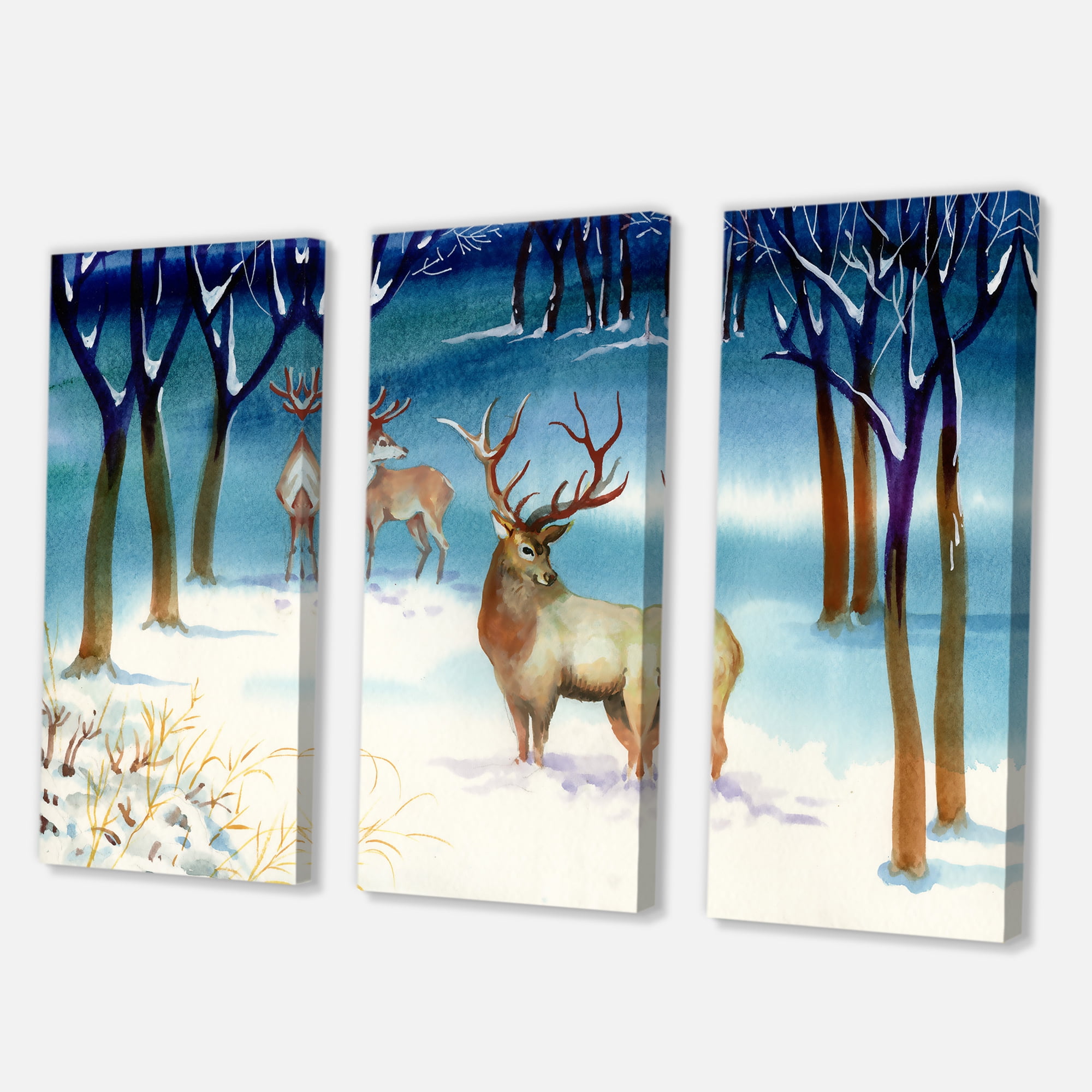 Designart ' Deers With Winter Landscape ' Traditional Canvas Wall Art Print