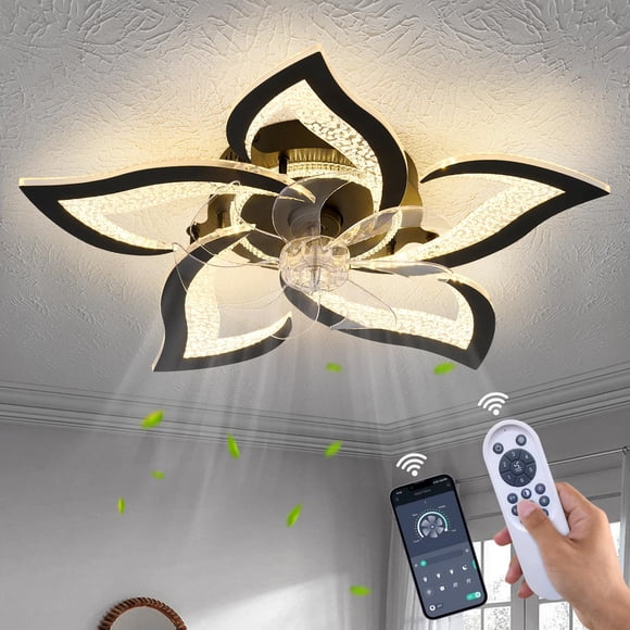 Flower Ceiling Fans with Lights and Remote, 27 Inch Modern Low Profile Flush Mount Ceiling Fan, Dimmable LED Ceiling Light Fixtur