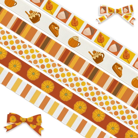 Hsomely 6 Pcs Fall Thanksgiving Ribbon, 3/8" Orange Pumpkin Hello Autumn Stripe Grosgrain, 30 Yards for Gift Wrapping & Party DIY Craft Decor