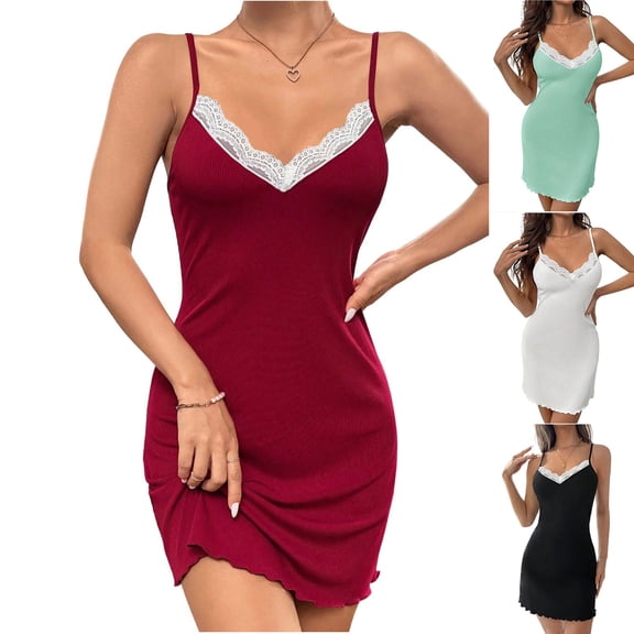 Bixock Silk Nightgowns for Women Loungewear Nightshirts Sleeveless Lace Splice Cami Sleep Dress Solid Color Thin Strap Relaxed Indoor Home Homewear Sleepwear Women Clothings