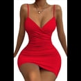 thumbnail image 3 of Vestidos de Cóctel para Mujer, Ajustados, con Escote en V, Tirantes Finos, Fruncidos, para Fiesta de Noche y Club Nocturno (2025) Rojo L, 3 of 8