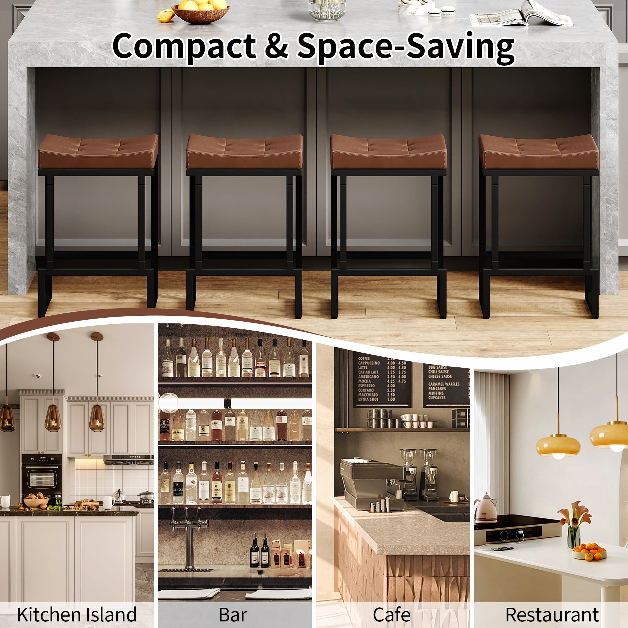 FIRAVOE Bar Stools Set of 4, 24" Counter Height Bar Stools (Backless Saddle) Modern Faux Leather Brown Barstools for Kitchen Island