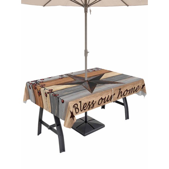 Outdoor Tablecloths with Umbrella Hole & Zipper, Texas Star Vintage Rectangle Tablecloth 52x70 Inch, Berry Grey Blue Brown Wooden Waterproof Table Cloth, Patio/Pool/Picnic Table Covers