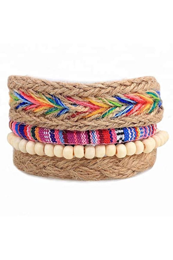 4pcs Men Women Linen Hemp Cords Wood Beads Ethnic Tribal Adjustable Bracelets Wristbands