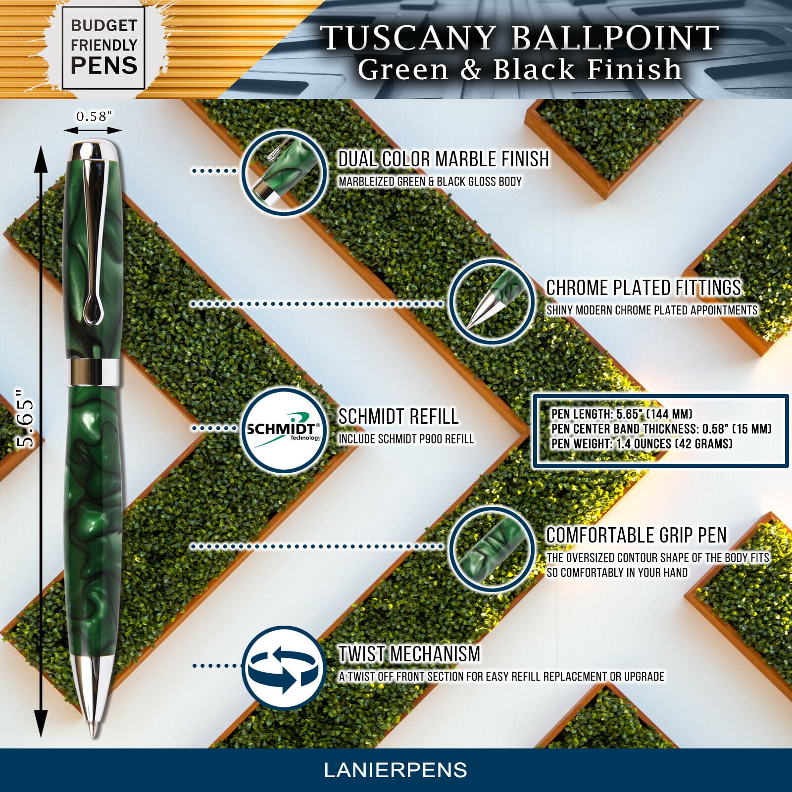 Tuscany Ballpoint Pen - Green & Black Marbleized Gloss Body (Black Ink, Medium Tip 0.7 MM)
