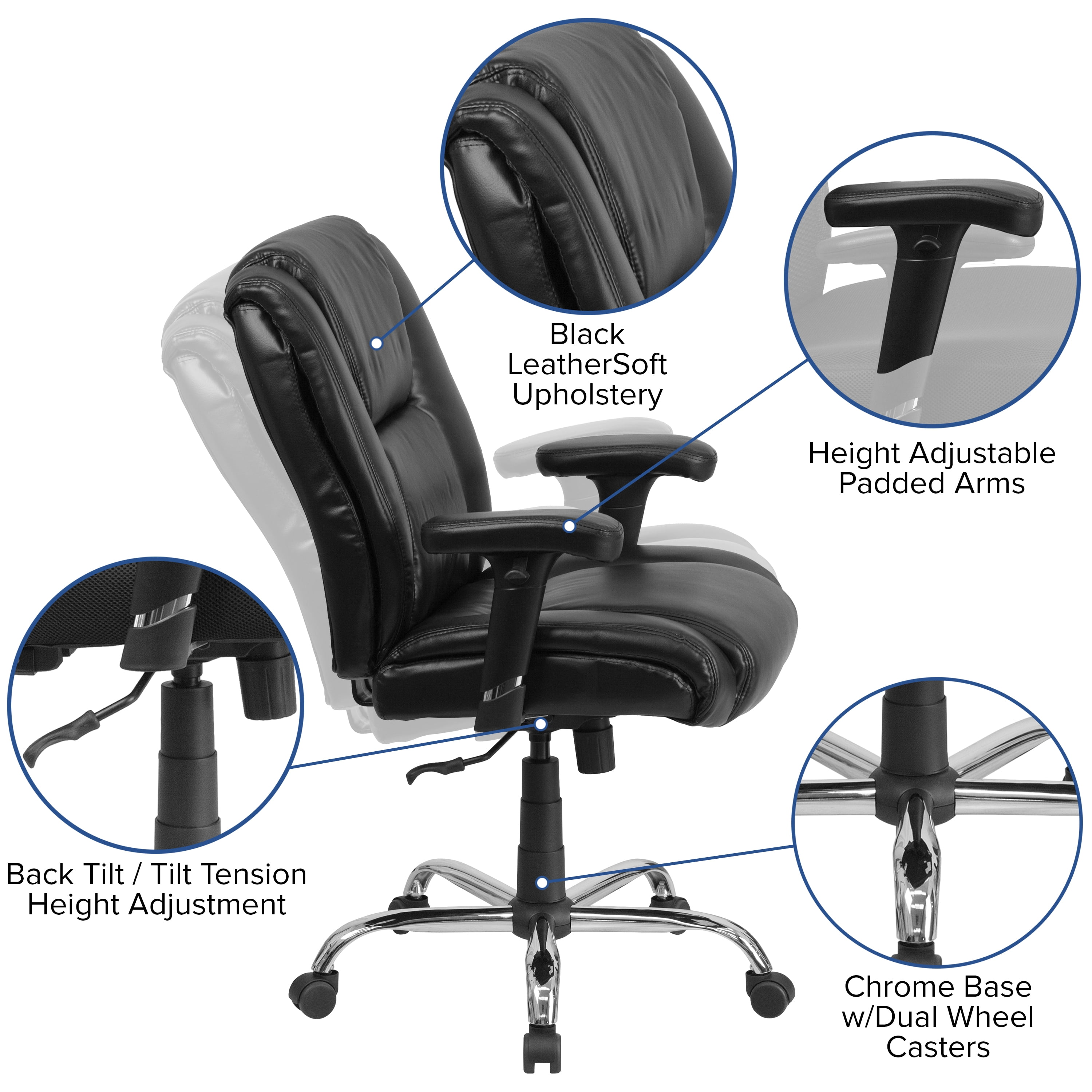BizChair Big & Tall 400 lb. Rated Black LeatherSoft Ergonomic Task Office Chair with Chrome Base and Adjustable Arms