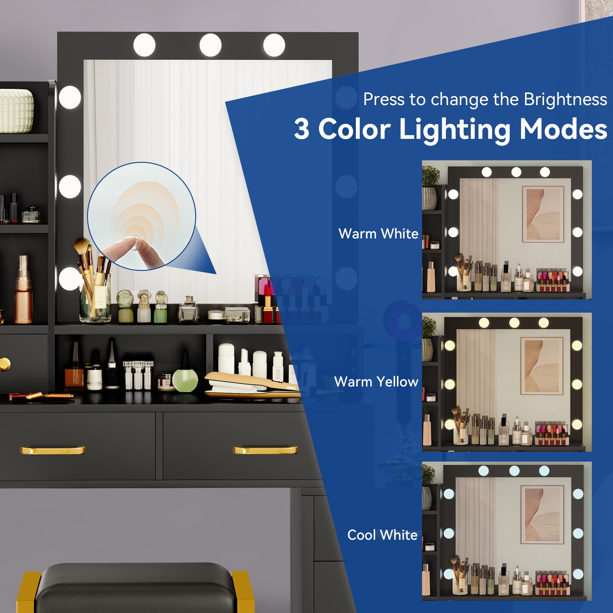 Uforic Makeup Vanity with Built-in Charging Station, Vanity Mirror with Adjustable Lighting, Spacious Vanity Desk with Storage Shelves, 3 Lighting Color Options, Black