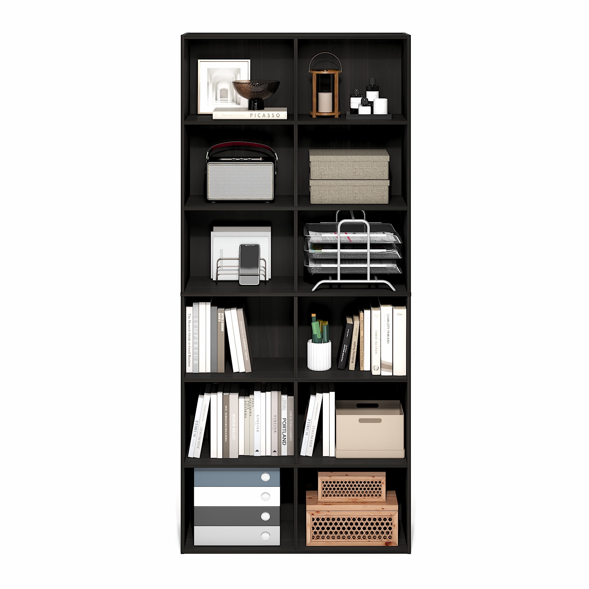 Furinno BASIC 12-Cube Open Bookcase Storage Organizer 12 x 32 x 71 in Amber Pine