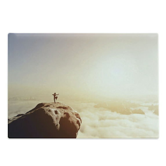 Kung Fu Cutting Board, Man Practices Martial Arts in High Mountain Peak Clouds and Sunrise, Decorative Tempered Glass Cutting and Serving Board, in 3 Sizes, by Ambesonne