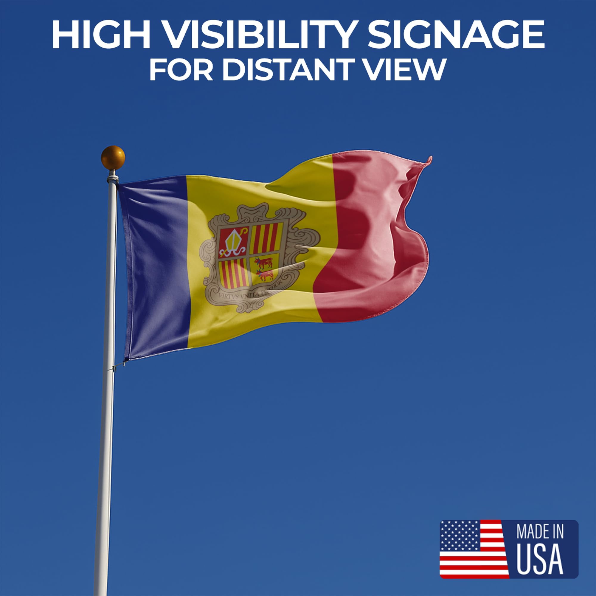 Andorra Outdoor Flag (1x1.5ft) by DreamController - Durable, Fade-Resistant Polyester, Double-Stitched, Brass Grommets - HD Printed Southern Europe Flag - Made in USA