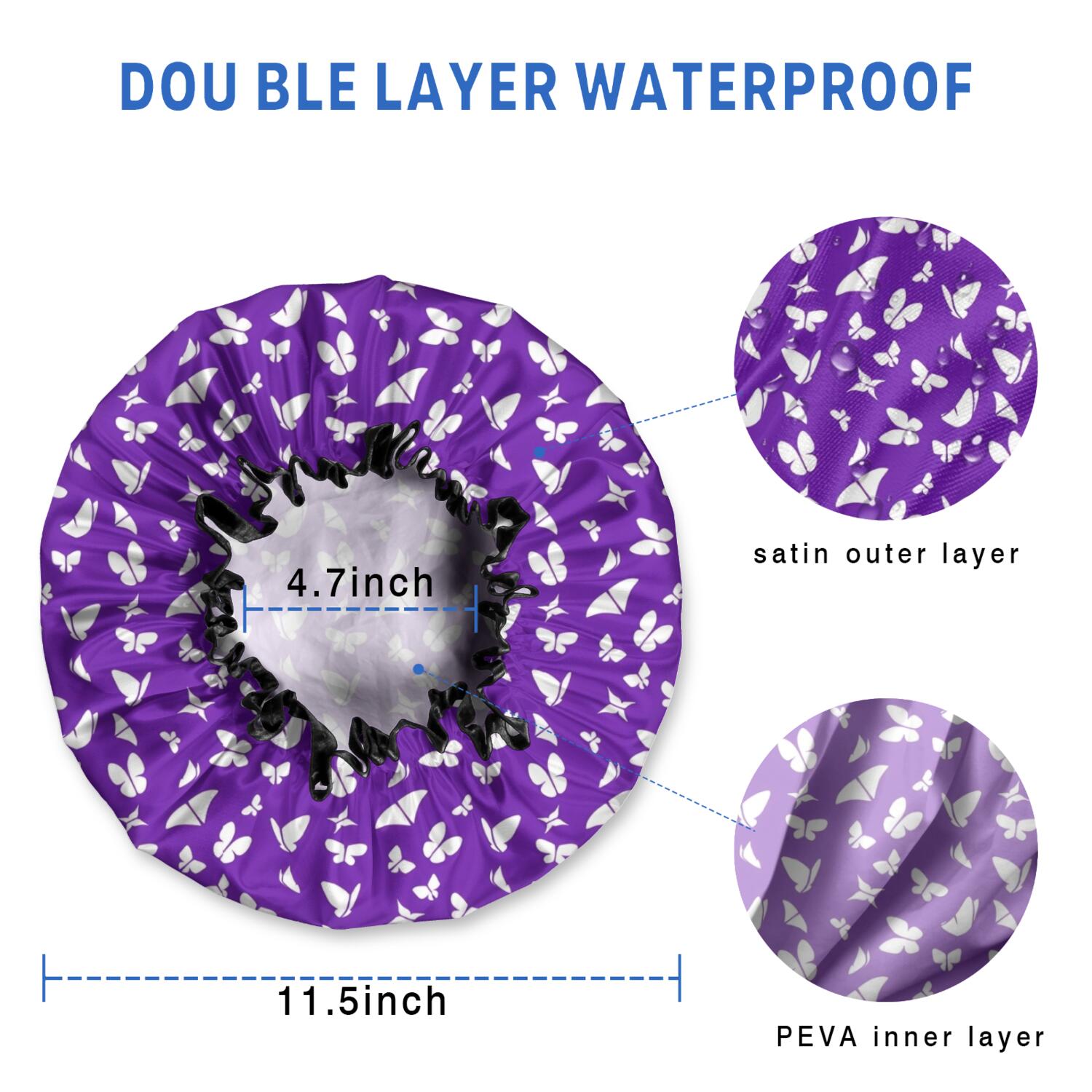 Shower Caps,Purple White Butterfly Pattern Waterproof Shower Cap for Women 4 Pieces,Double Reusable Hair Cover for Shower PEVA Elastic Stretch Hem