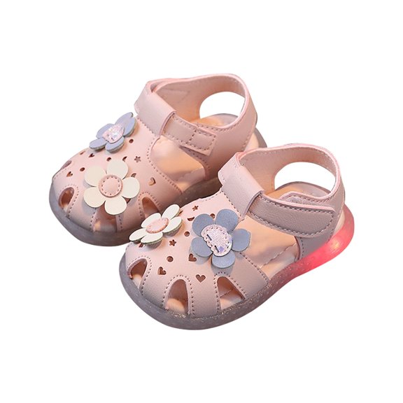 LNMQLPDBS Sandals for Girls Cute Close Toe Luminous Shoes Color Block Floral Decoration Casual Sandals with Adjustable Band Girls' Athletic Shoes for Prewalker First Walking Summer Shoes
