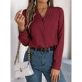 thumbnail image 5 of Women'S V-Neck Pleated Blouse Long Sleeve Office Wear Top Red M, 5 of 8