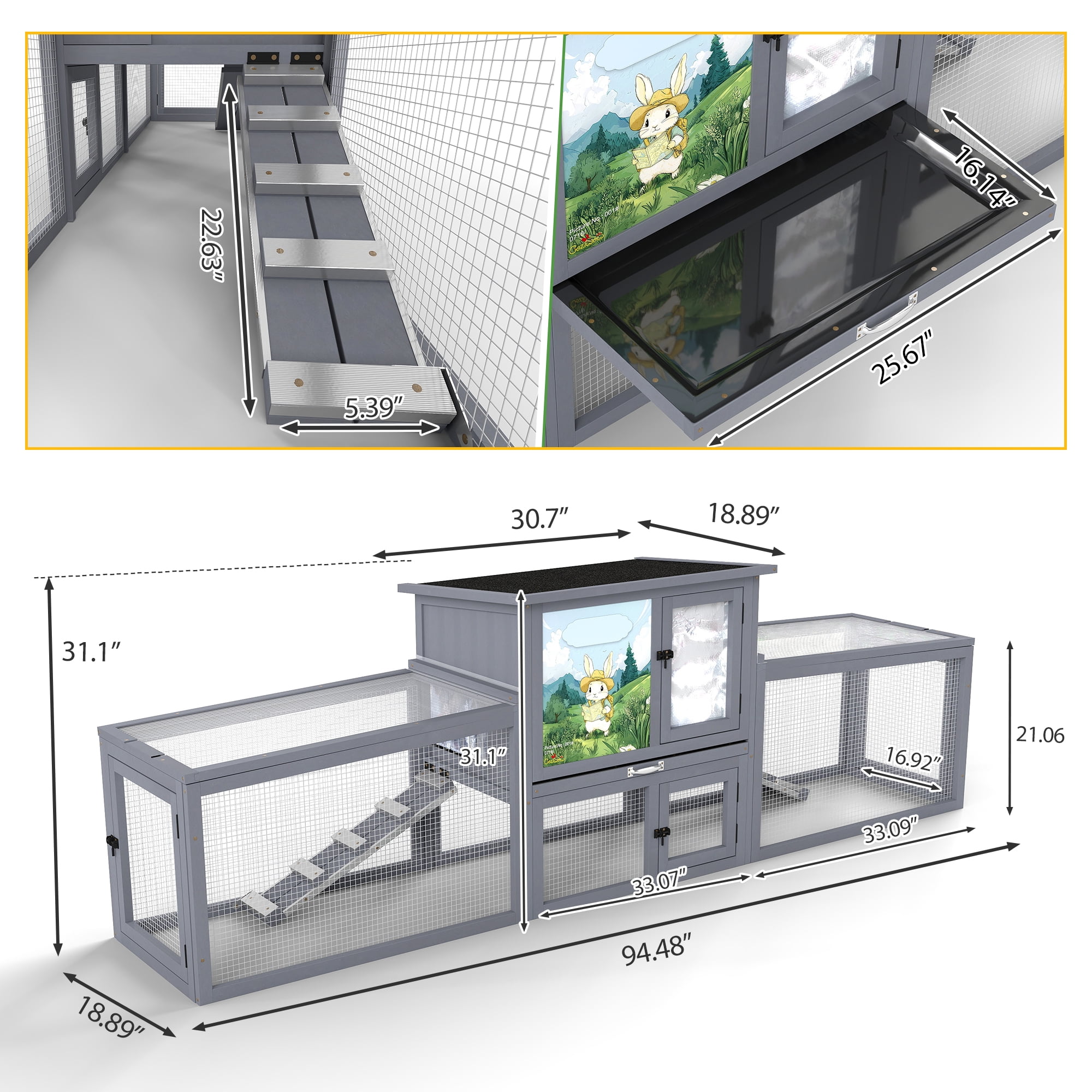 Insulated Outdoor Wood Rabbit Hutch Small Animal Enclosure House Pet Shelter Gray with Colorful Patterns