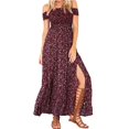thumbnail image 1 of Women's Boho Off Shoulder Strapless Summer Beach Floral Slit Maxi Dress Burgundy-S, 1 of 2
