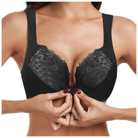 Mepaouo Women s Front Closure Bras Plus Size Lace Full Coverage T-Shirt Underwire Unlined Bra(Black 4XL)