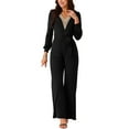 thumbnail image 2 of INSPIRE CHIC Women's Long Sleeve V Neck Jumpsuit Belted Stretchy Wide Leg Long Pant Romper with Pockets XL Black, 2 of 5
