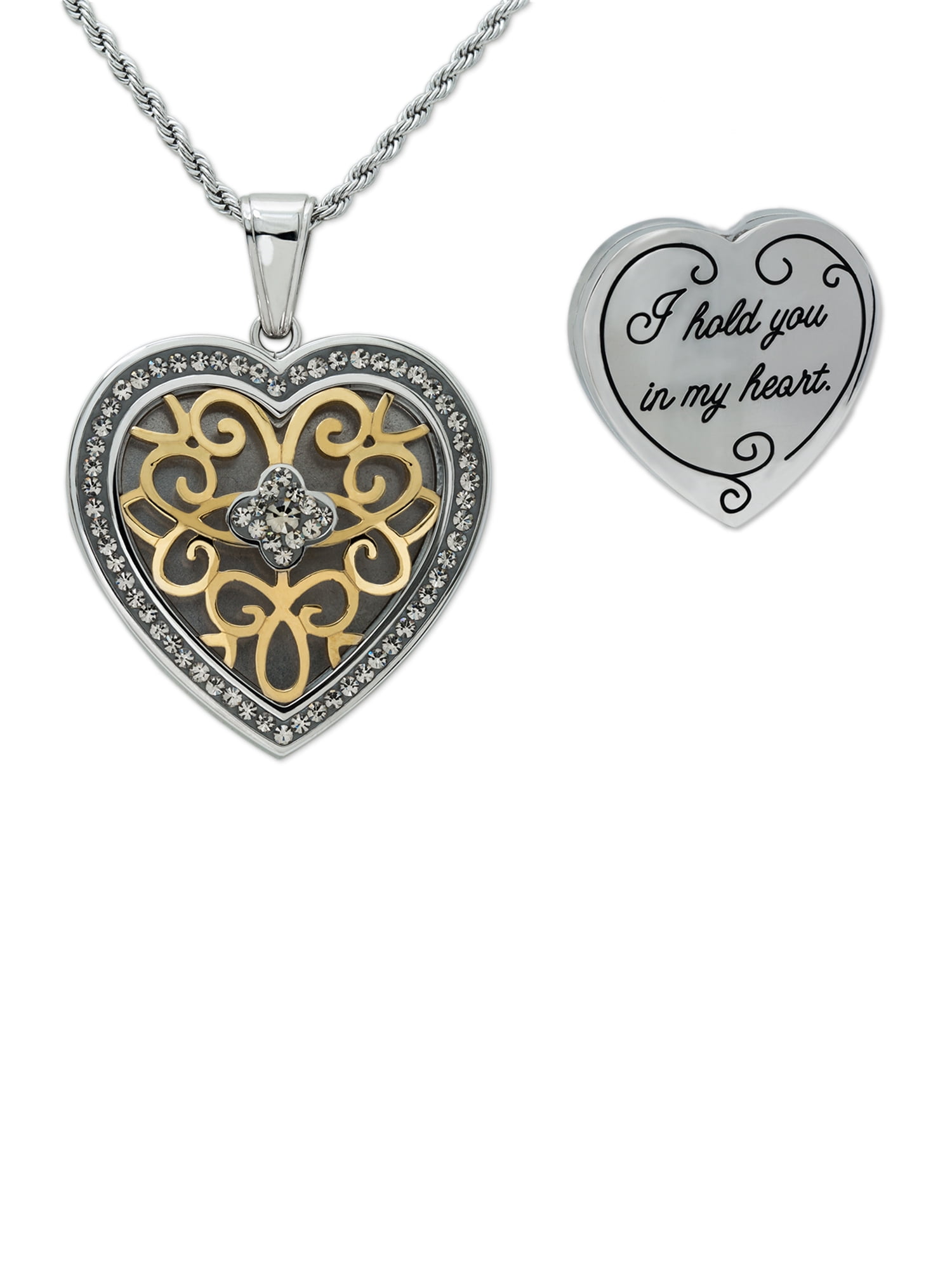 New 18K White Gold GF Filigree Crystal Heart Locket Charm Pendant Necklace Gift 