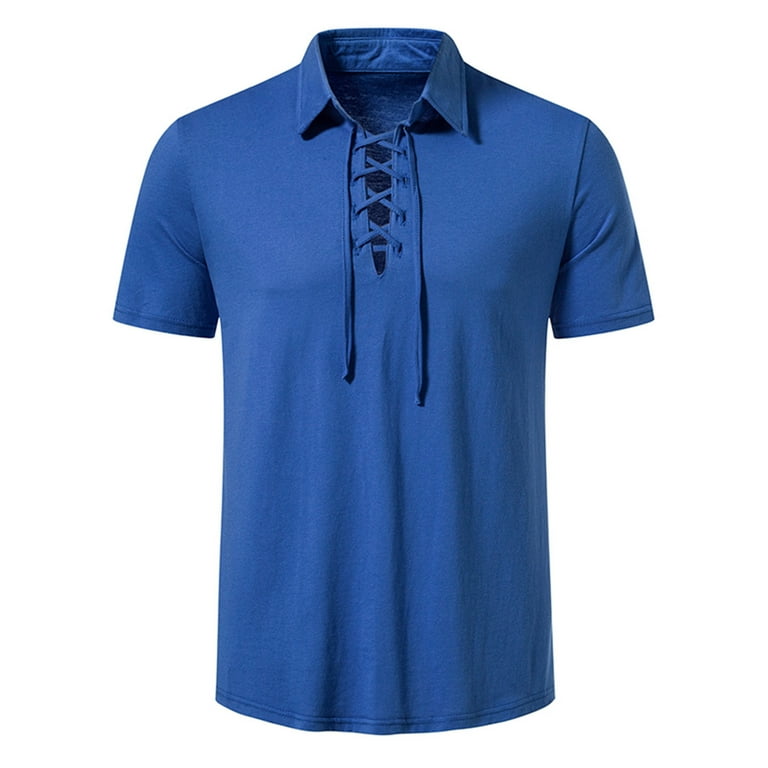 Hfyihgf Mens Slim Fit Cotton Polo Shirts Lace Up Short Sleeve Shirt Casual V Neck Summer Outdoor Workout Golf Shirts(Blue,S)