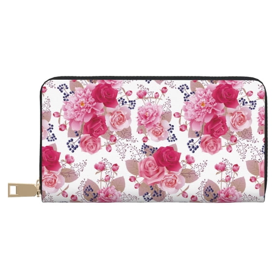 Leather Thin Slim Wallets for Women Men - Peonies and roses Clutch Card Wallet for Women Men with Zipper