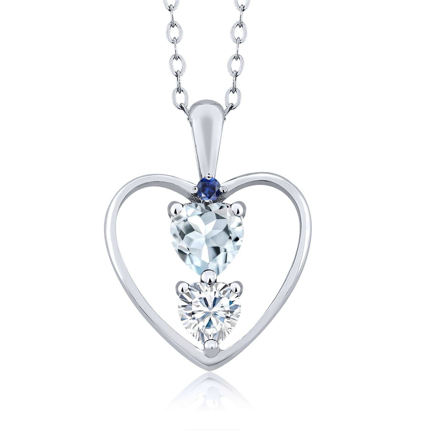925 Sterling Silver Sky Blue Aquamarine White Moissanite and Blue Created Sapphire Pendant Necklace for Women (0.65 Cttw, Gemstone March Birthstone, Heart 5MM and 4MM, with 18 inch Silver Chain)