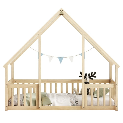 Bellemave Twin Size Floor Bed with House-shaped Roof and Fence Twin Wood House Floor Bed Frame with Guardrails Montessori House Bed, Natural