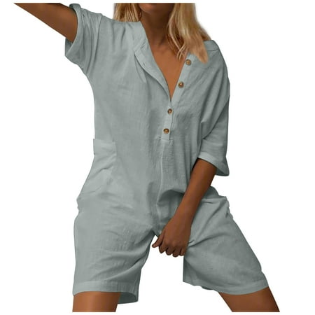 

Usmixi Womens Jumpsuits Lightweight Cotton Linen Button Down Jumpsuits with Pocket Casual Solid Lapel Short Sleeve Mini Summer Rompers Gray xl