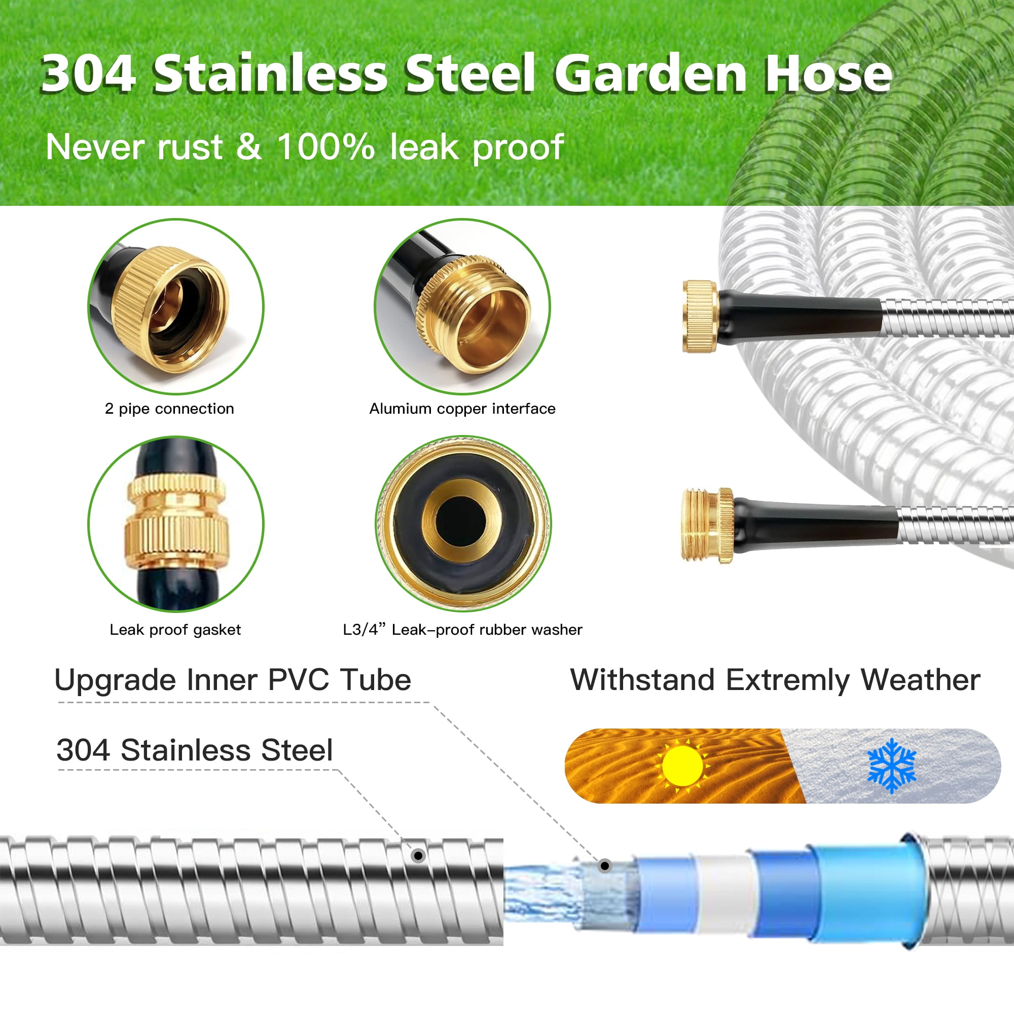 50ft Garden Hose Metal with Nozzle, KIMHY 304 Stainless Steel Water Hose 3 /4 Inch , Kink & Tangle Free, Rust Proof, 150 Psi