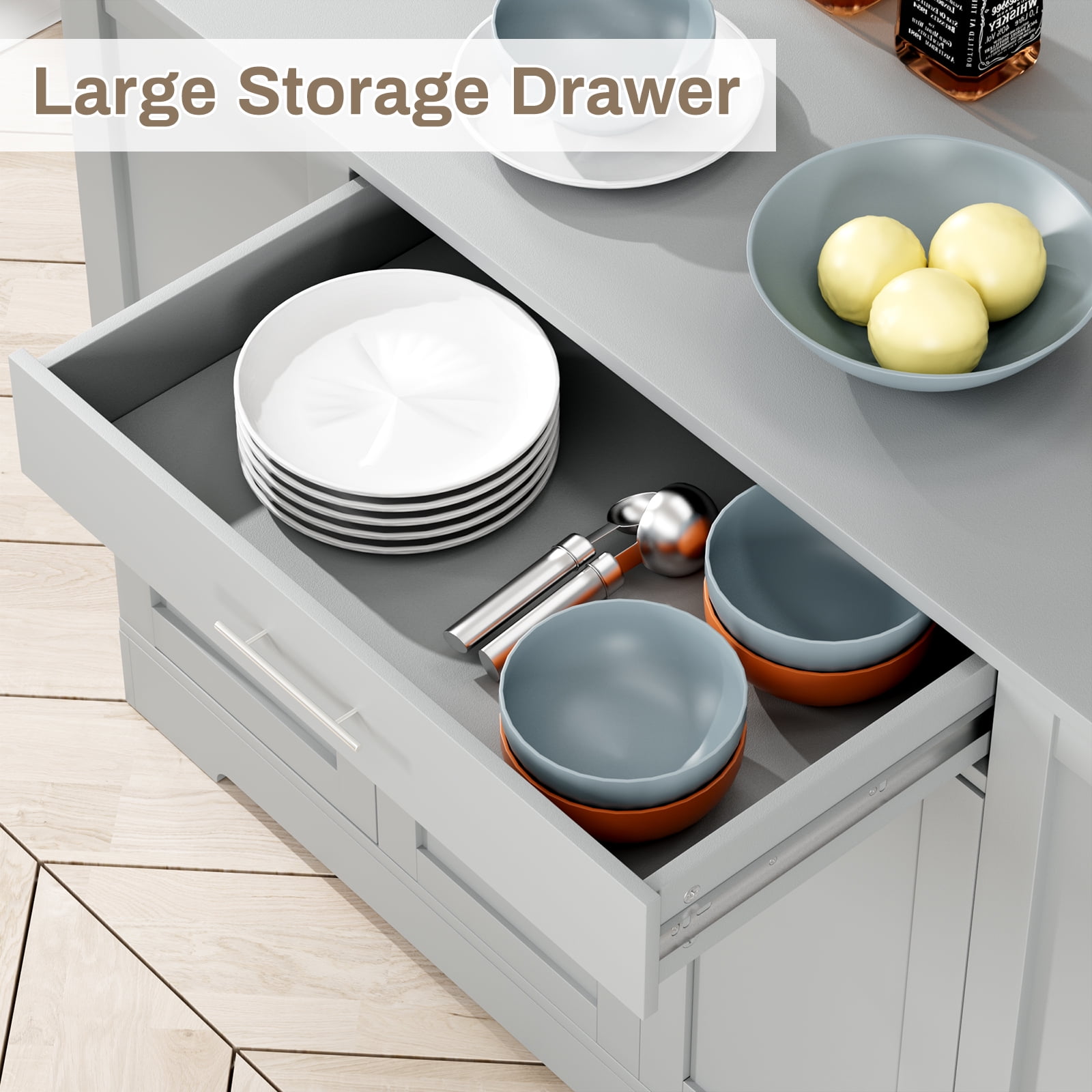 Pirecart 53" Kitchen Island with Trash Can Storage, Kitchen Island Storage with Drawer, Open Shelves, Gray
