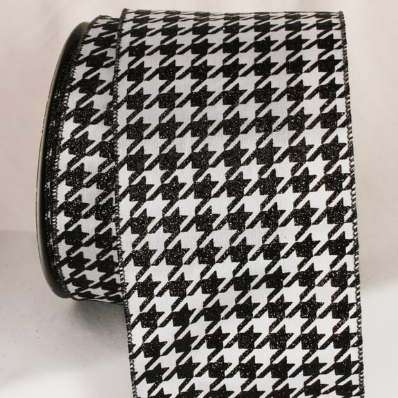 The Ribbon People Sparkling Black and White Hounds tooth design Wired Craft Ribbon 4" x 20 Yards