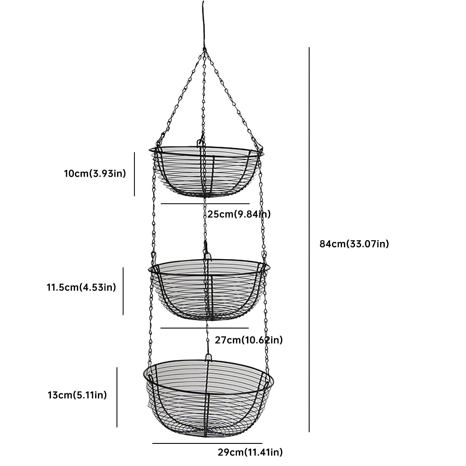 LYINGF 3 Tier Hanging Kitchen Black Fruit Basket,Farmhouse Wire Basket, Three Tier Fruit Basket for Kitchen for Vegetables, Bread & More, Metal Chain, Hanging Hook and Detachable Round Wire Baskets