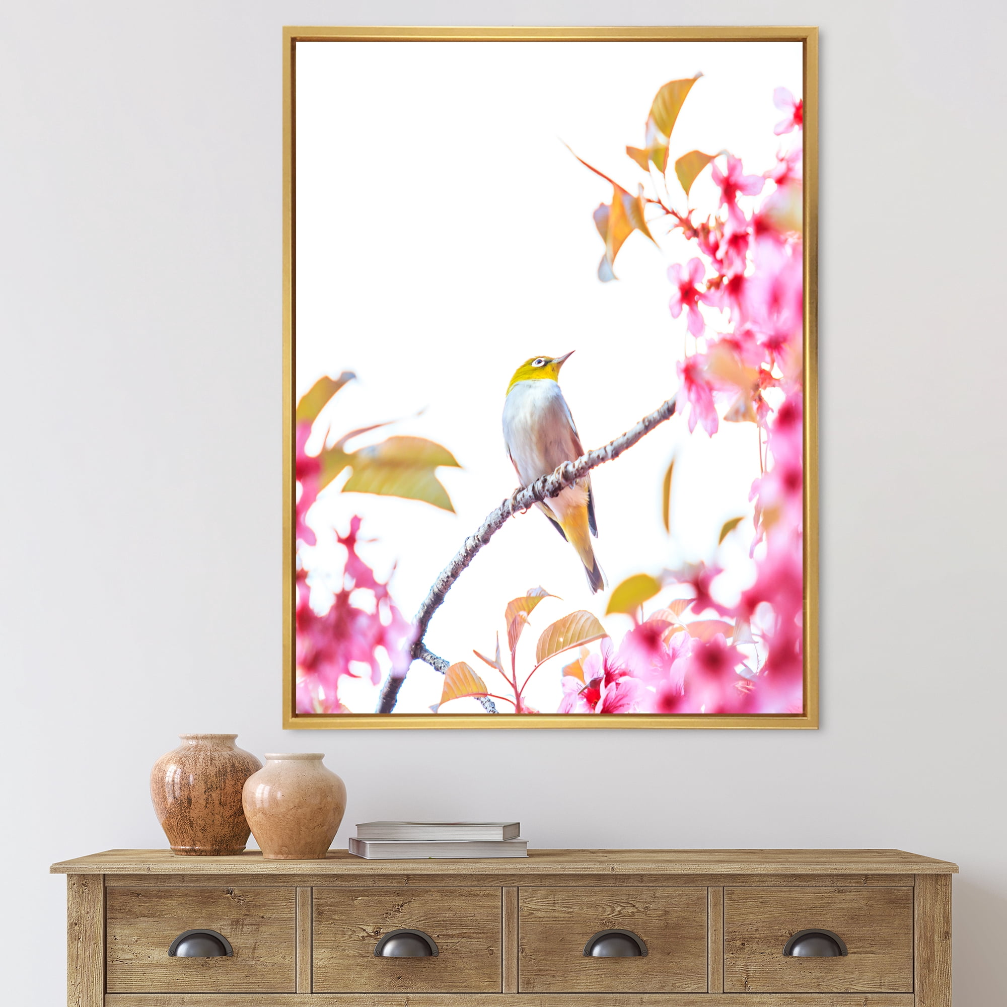 Designart 'Bird Sitting On Cherry Blossom' Traditional Framed Canvas Wall Art Print