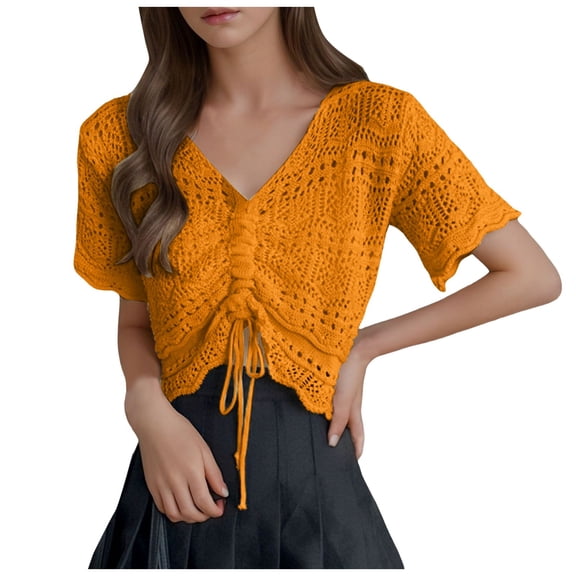 JIAYUE Womens Swimwear Cover-Ups Crochet V Neck Short Sleeve Hollow Solid Color Comfortable Drawstring Crop Shirt Sexy Beachwear Lace Up Bathing Suit Cover Up Top