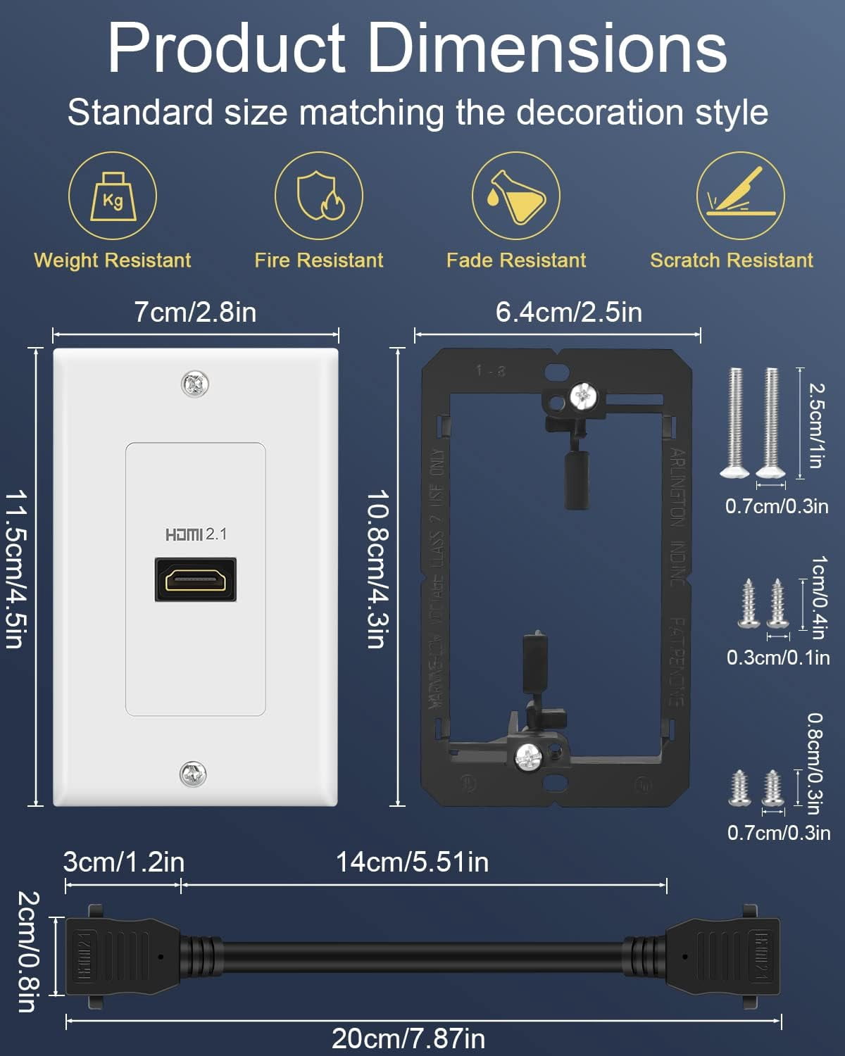 8K HDMI Wall Outlet Pass Through, HDMI 2.1 Wall Plate, with Low Voltage Metal Mounting Bracket, Supports 8K@60Hz and 4K@120Hz, 3D, HDR, 48 Gbps HDMI Box, Fits Home Theater Systems