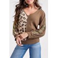 thumbnail image 1 of Women's Brown Leopard Splicing Waffle Knit V Neck Top, 1 of 5